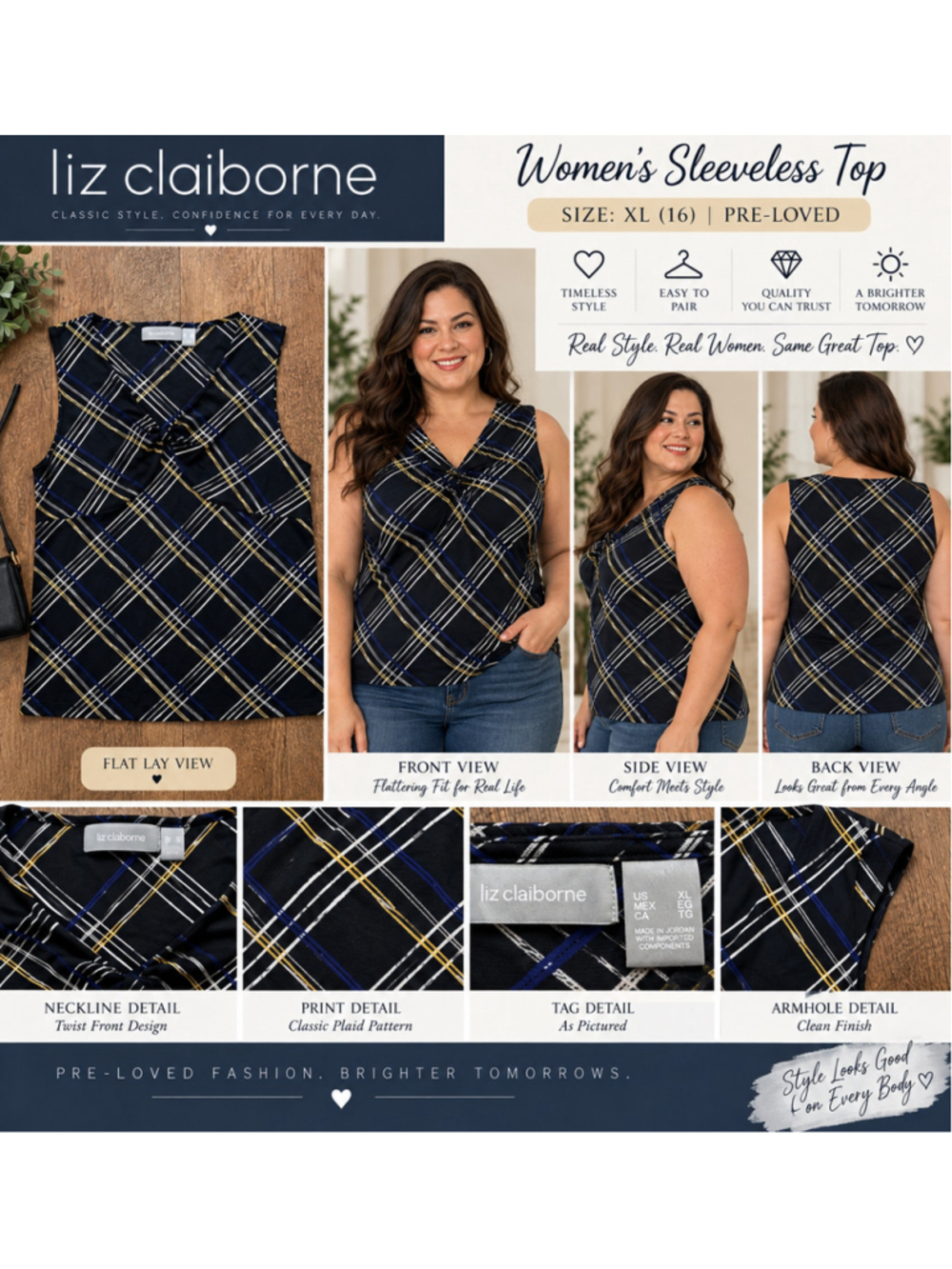 Women's Liz Claiborne Plaid Tank Top XL Black Yellow Blue F26